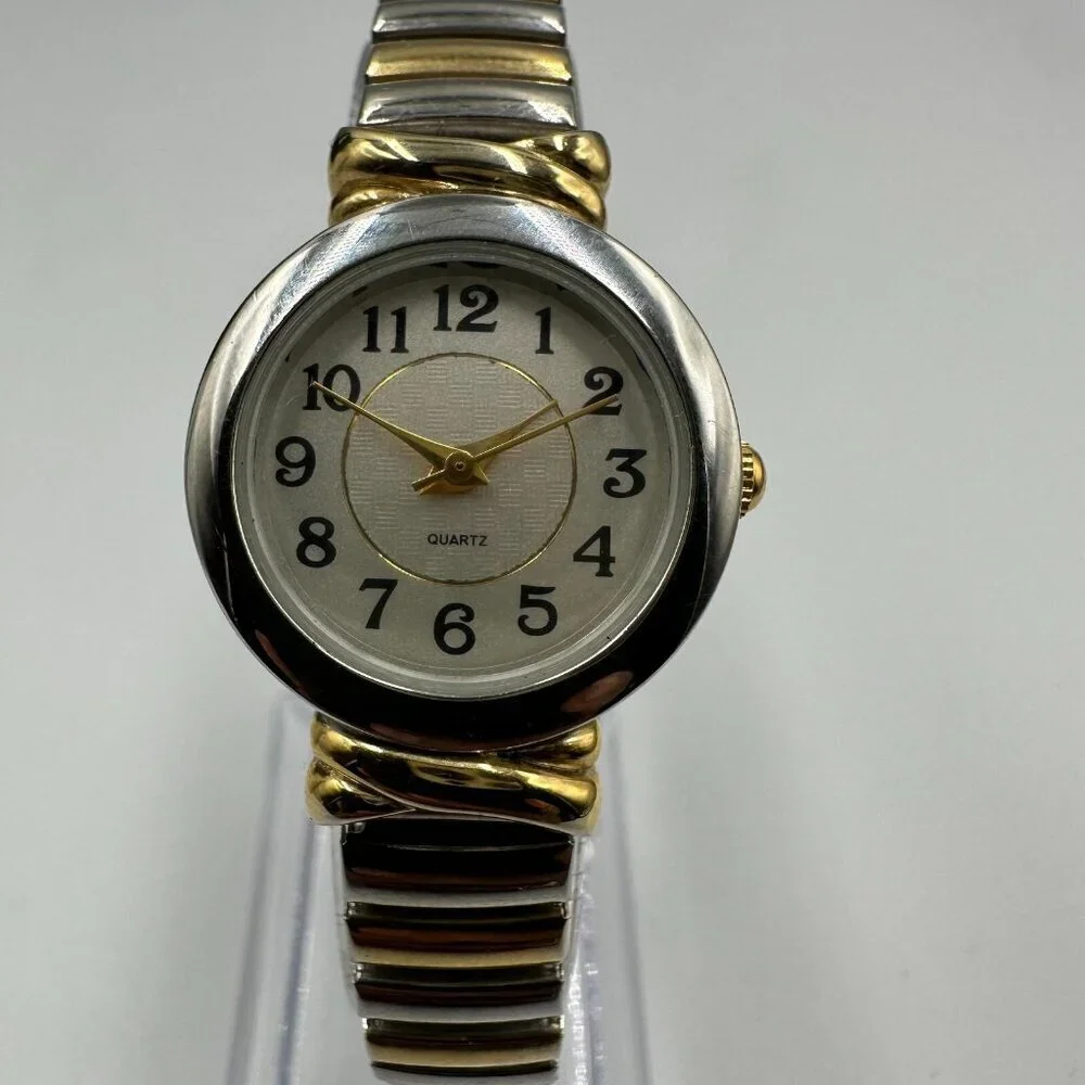 3/$30 Two Tone Watch Women Gold Silver Easy Read Dial Stretch Band New Battery